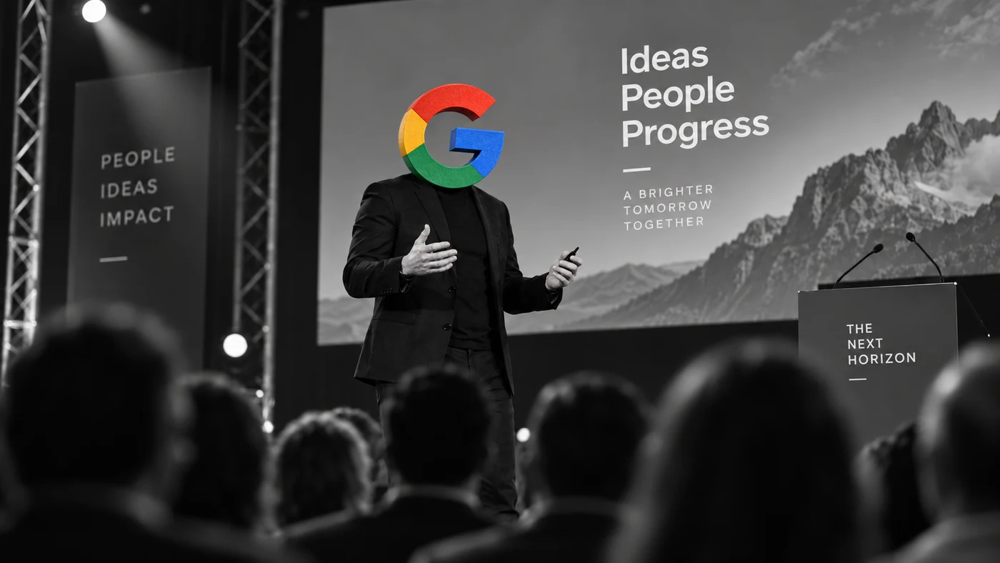 Composición conceptual: figura con el símbolo de Google en un escenario