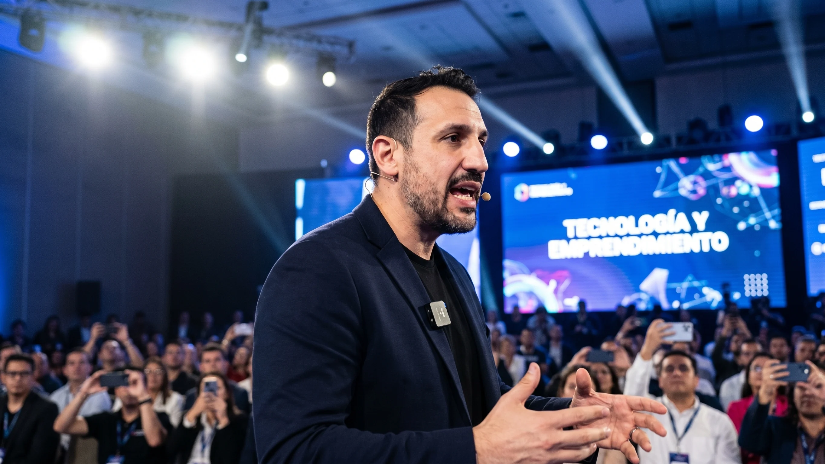 Alex Amigo con micrófono durante una charla