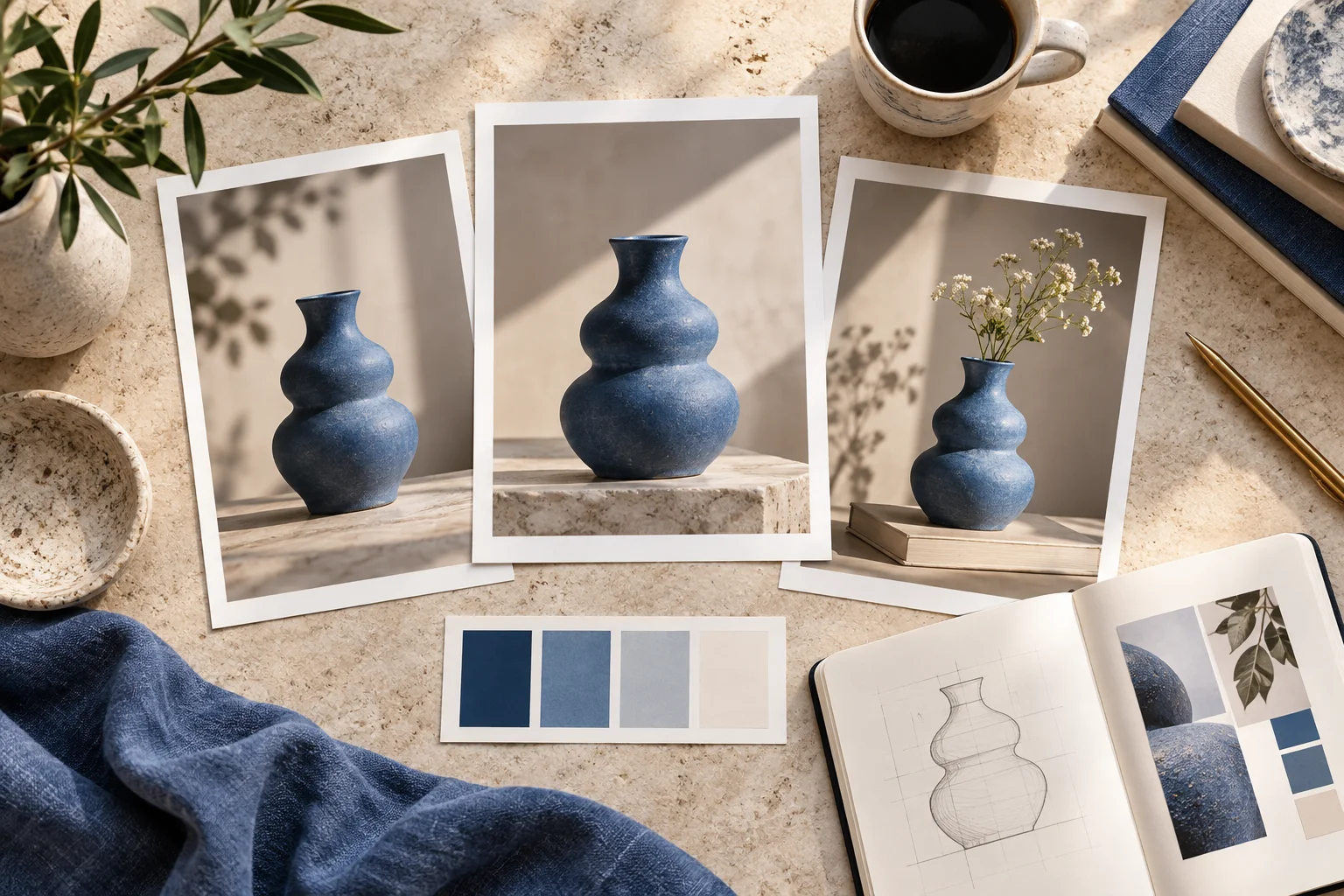 Imágenes de un jarrón azul y muestras de color en una mesa de diseño