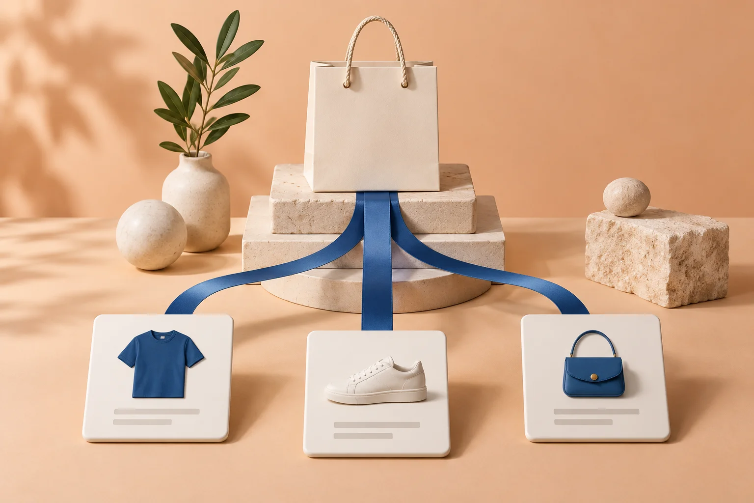Tarjetas conectadas y una bolsa de compra como metáfora de la estructura de un ecommerce